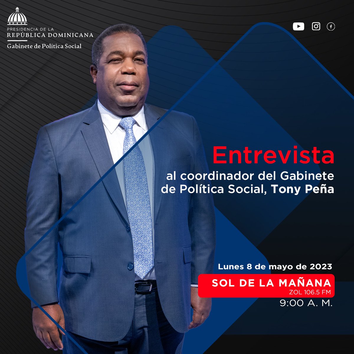 Mañana estaré participando en el programa "Sol de la Mañana" donde hablaremos del trabajo que realizamos desde el <a href="/gabsocialRD/">Gabinete de Política Social</a> como institución gestora de las políticas sociales del país. La cita es este lunes 8 de mayo por <a href="/ZOLFM1065/">ZOL 106.5 FM</a> a partir de las 09:00 A.M.