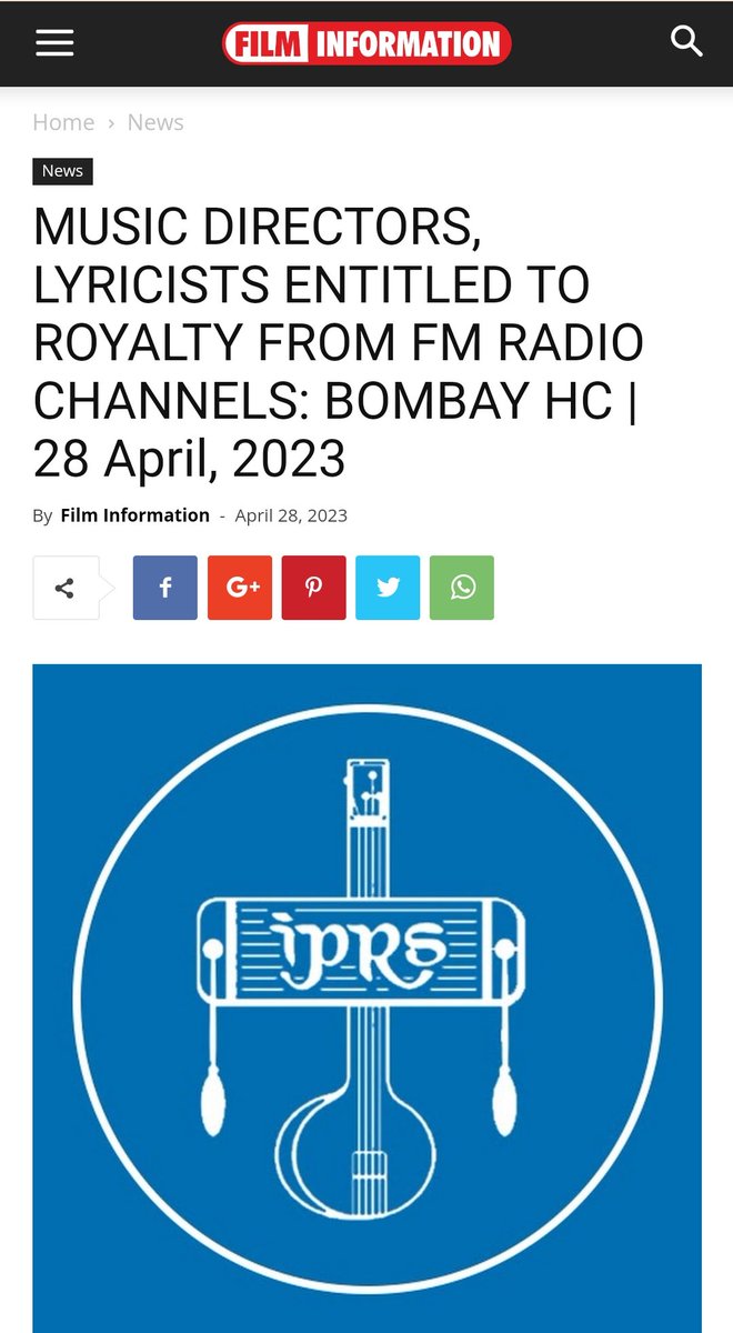 Big win for music creators in India! Bombay High Court upholds IPRS right to royalty from FM radios.I applaud this judgement & hope lyricists & composers receive their rightful royalty.Thank you@IPRSmusic for protecting our rights.#RoyaltyForCreators Read-t.ly/nOrxQ