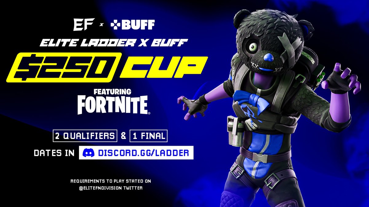 Elite Ladder x Buff $250 Cup! 💰

To play, complete the following:
1) Follow <a href="/EliteFNDivision/">Elite Divisions</a> 📝
2) Retweet &amp; Like ♻
3) @ a Friend below 👥

Join discord.gg/ladder and send proof of completing the above requirements, plus one more within the server, to be granted the role!