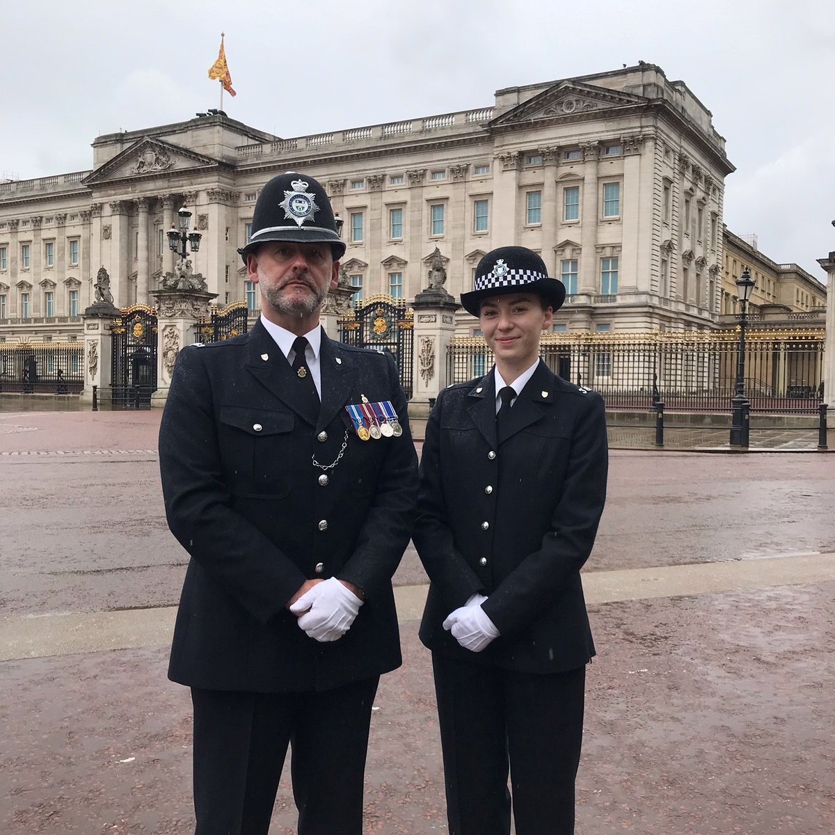 Leicestershire PCs Adam Rowlands & Paige Eaves's spirits were not dampened by the rain, as they took on the role as Ceremonial Cadre Officers, lining the streets along The Mall and Whitehall, during yesterday's Coronation.