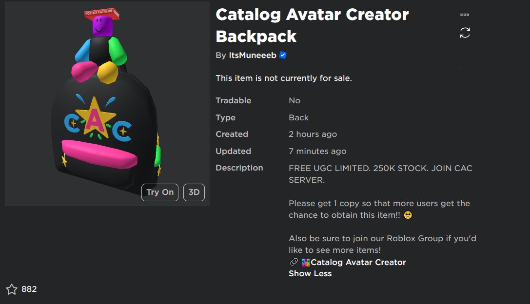 RBXTopNews on X: A free UGC limited is coming out today at 3:00PM EST!  Make sure to be online to get the Catalog Creator Backpack! Link:   Join My Discord:  #roblox #