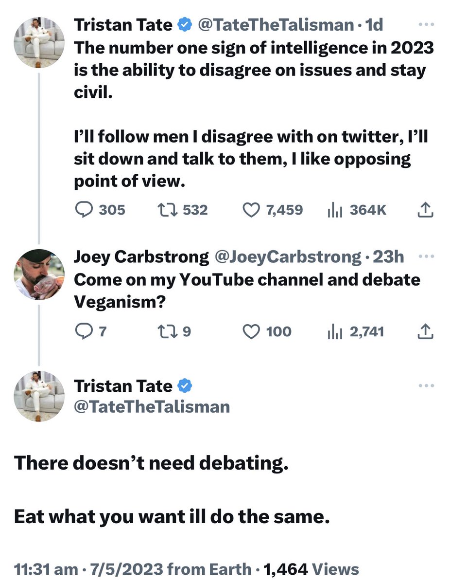 JoeyCarbstrong's tweet photo. Tristan: “I’ll sit and talk to people with opposing views” 
Me: “Come debate Veganism?” Tristan: 

@TateTheTalisman https://t.co/7OkN4z0ApE