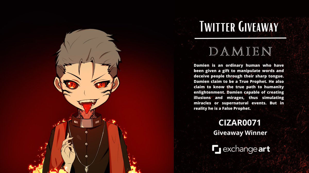 DoragonStudio's tweet photo. [RENGOKU: Immortal Sins]

🎉 GIVEAWAY WINNER 🎉

< D A M I E N >

Congratulation @CIZAR0071 for winning Damien! 🥳🎁🎊

// Only available @exchgART //

🔻 CHARACTER BACKSTORY 🔻 https://t.co/Qb9WEEIxma