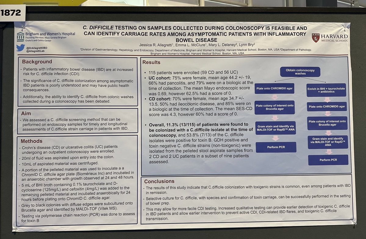 Check out our data on utilizing colonic washes to identify c.difficile colonization in #IBD patients undergoing colonoscopy @AllegrettiLab #DDW2023