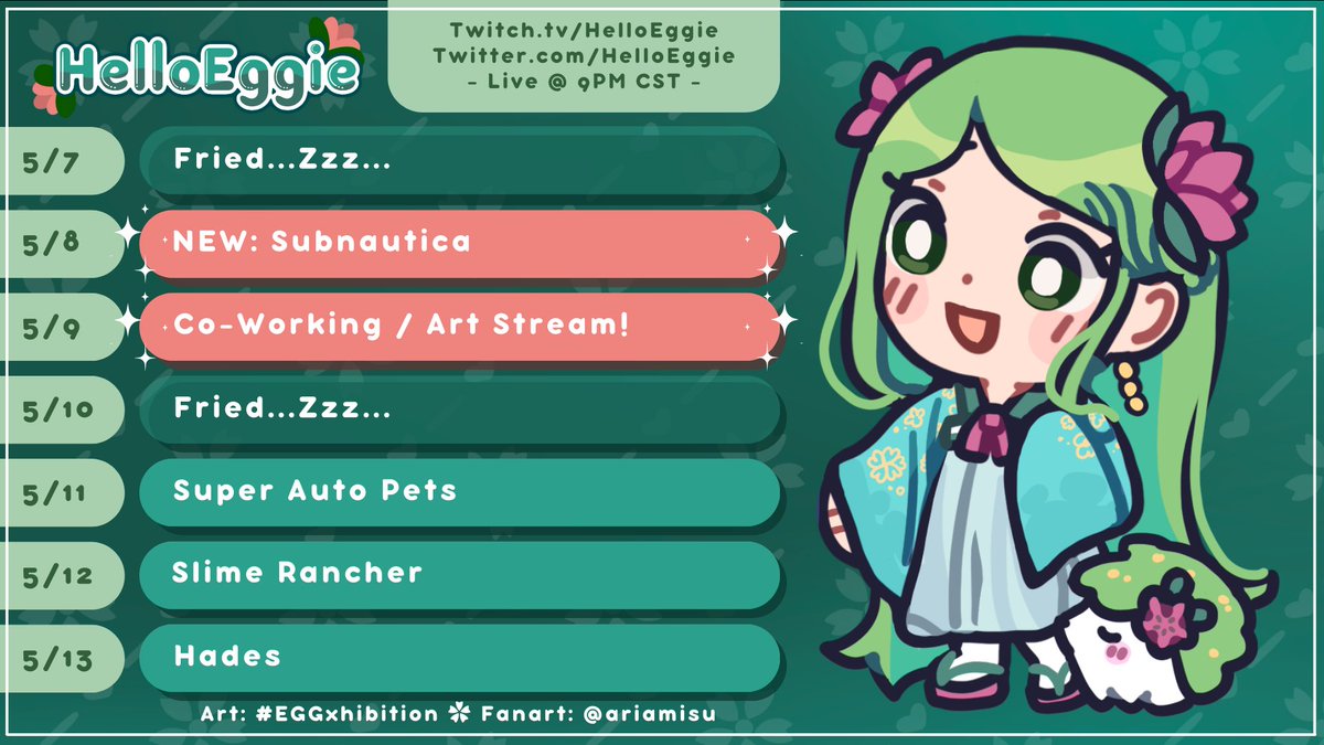 🌸NEW SCHED 🌸NEW ART 🌸

Introducing my first co-working stream to prepare for the remaining EggMonth celebrations!!

Also look at this cute art!! Thank you @/ariamisu taking on this birthday commission!