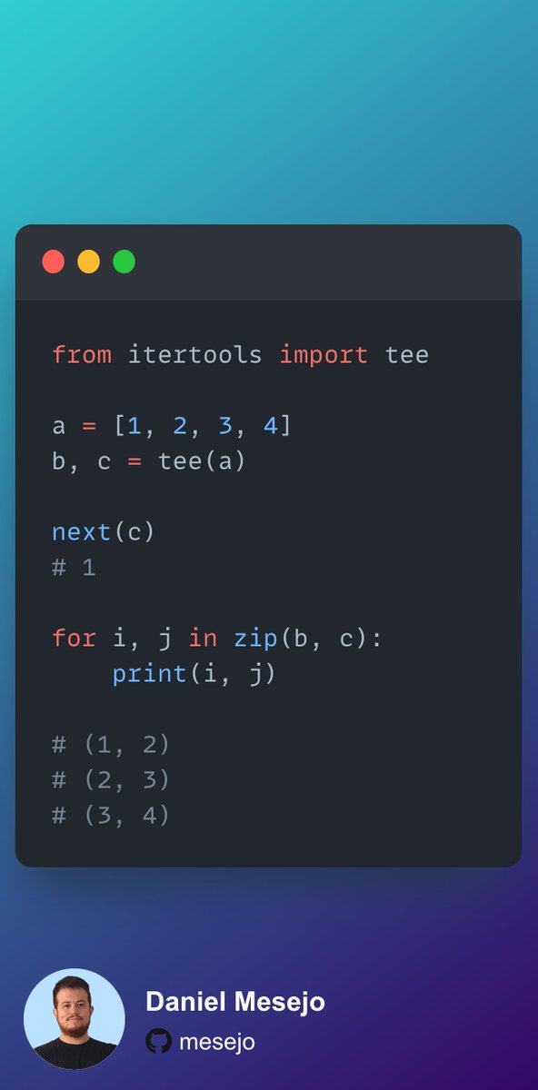 searchsort's tweet image. 🚀📚 Pro tip: Did you know the itertools tee function can create multiple independent iterators from a single iterable? This allows easy access to the current and following elements during iteration. 🤯 🐍
#pythonprogramming
#learnpython
#codingtips