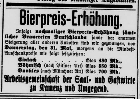 KamenzPresse's tweet photo. Gut 500 Mark für ein kühles Helles: der #Bierpreis steigt weiter. #Inflation1923
(Kamenzer Tageblatt, 30. Mai 1923) https://t.co/ZIrE2rjvSv
