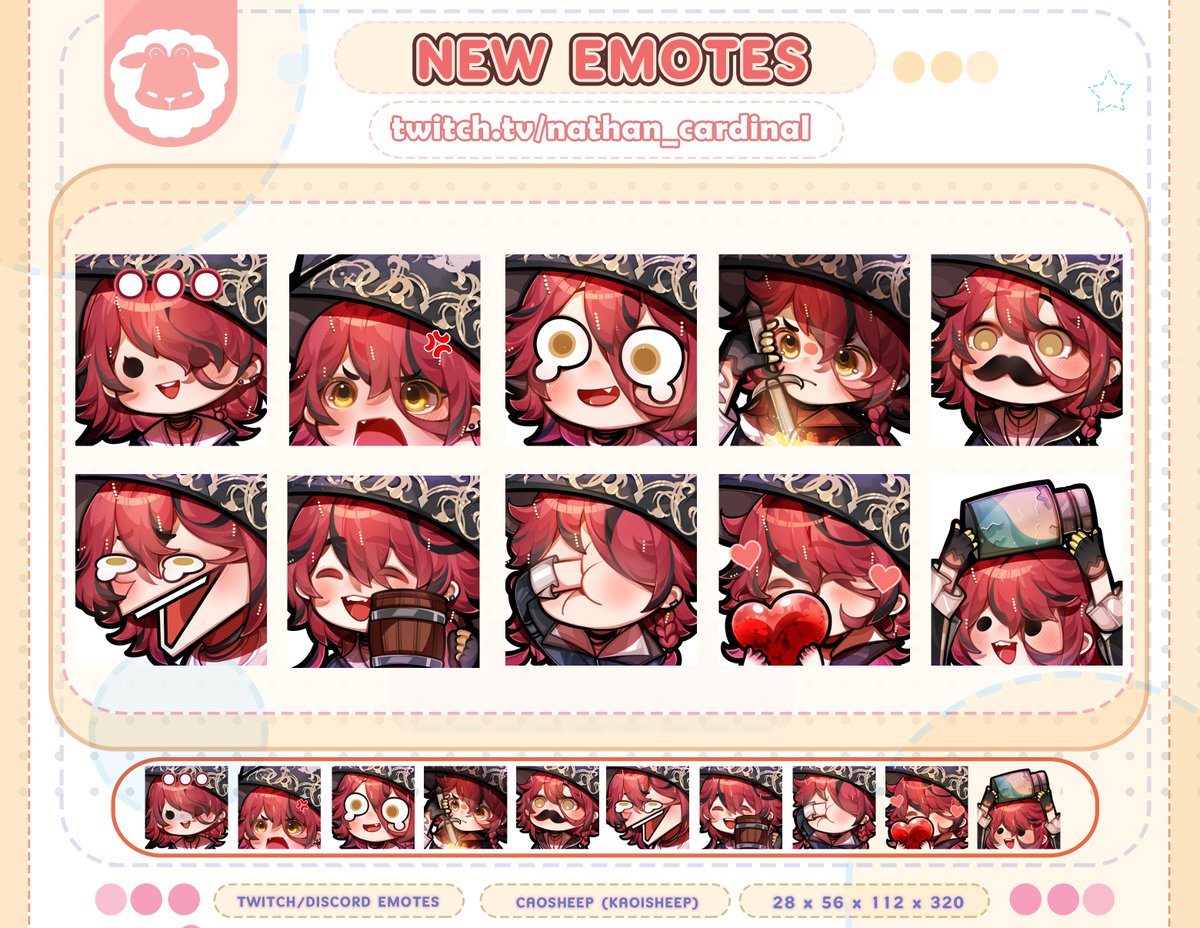 CaoSheep's tweet photo. New emotes done for @/PirateNathanVT!! 💖

 Thank you so much for your opportunity!! ≧▽≦  ✧____________________ ♡  ♡____________________ ✧

#emotes #emoteartist #twitchartist #emote #twitchemotes #artist  #emotetwitch https://t.co/YxGWphAKvu