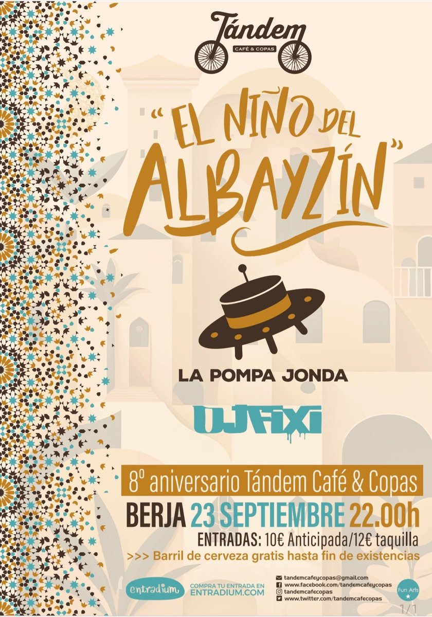 Os dejamos por aqui el cartel de nuestro #8ANIVERSARIO el #Sábado23 de #Septiembre a las 22:00h.
- El niño del Albayzín 
- La Pompa Jonda 
- DJFixi 
Puedes pillar tus entradas anticipadas en entradium.com!! Os esperamos!! 
Entrada:
- Anticipada 10€
- Taquilla 12€