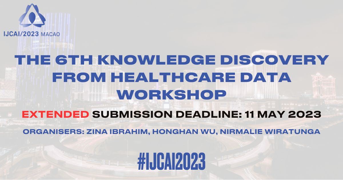 NEW DATE #CfP Call for papers for the 6th Knowledge Discovery in Healthcare Data (KDH) workshop 📢 closes 11 May 2023. 
👉 sites.google.com/view/kdh-2023/ 

 #healthcare #ArtificialIntelligence #Healthtech #Biostatistics