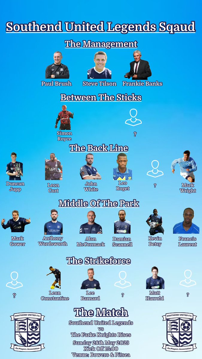 Woody's now in, Roycie's now in, and still more to come. Let's all make a great day of it for Jamess - to be there at the Bowers &amp; Pitsea ground on Sun 28 May kickoff 3.00 pm t's just £5 adults and £2 U16's. Tickets available now at: shrimperstrust.co.uk/shop.asp?catid…
<a href="/shrimperstrust/">Shrimpers Trust</a>