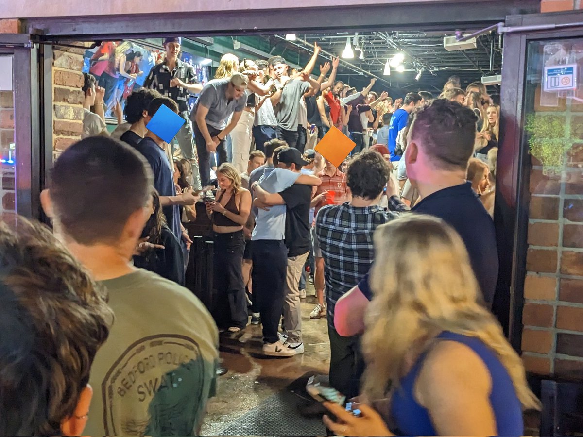 btownmoose's tweet photo. Ended up walking by Kilroy's Sports last night at 3:30 am. Place was still open and partying for graduation. 

Everyone standing on tables/chairs, singing along to Bohemian Rhapsody. 

Then I noticed the guys hugging in the middle. They're gonna miss each other. https://t.co/tZ7fgtonOO