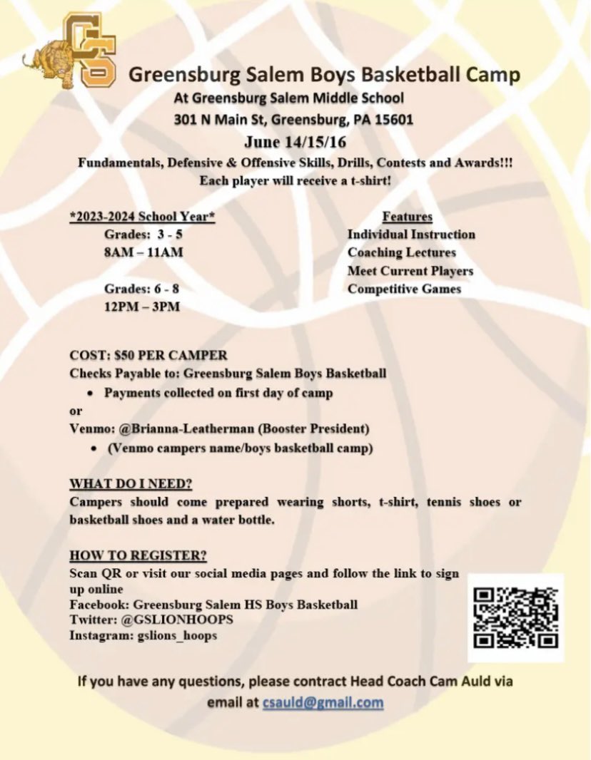 GSLIONHOOPS's tweet image. Join us June 14-16 for our Boys Basketball Camp. Boys entering grades 3-8 are welcome! Great opportunity to meet our varsity staff and grow in skill &amp;amp; knowledge of the game. Scan the QR code or follow the link in our bio to register.

#WeCanWeWill