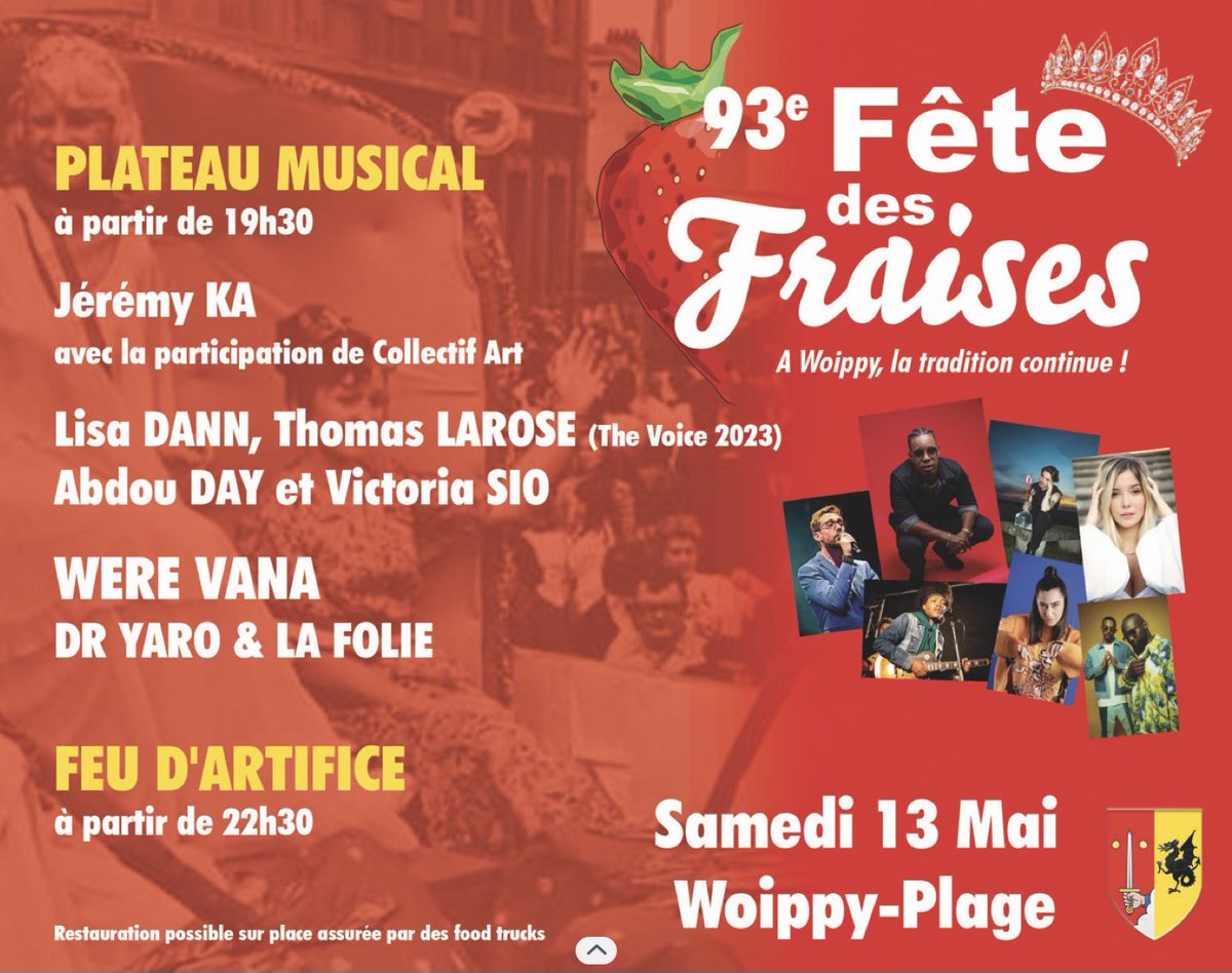 Jeremy Ka (@jeremykaradiotv) on Twitter photo Rendez-vous samedi 13 Mai <a href="/woippy/">Woippy</a> pour la 93eme fête des fraises avec <a href="/lisadann15/">lisa dann</a> <a href="/ThomasLaroseoff/">Thomas Larose</a> <a href="/VictoriaSioOff/">Victoria Sio</a> <a href="/AbdouDay/">Abdou Day</a> <a href="/WeReVaNa/">Geoffroy Evariste</a> <a href="/dryaro_lafolie/">Dr. Yaro & La Folie 🌹❌</a> Sans oublier un grand feu d’artifice à partir de 22h30! #Moselle #woippy #concertgratuit Rendez-vous samedi 13 Mai <a href="/woippy/">Woippy</a> pour la 93eme fête des fraises avec <a href="/lisadann15/">lisa dann</a> <a href="/ThomasLaroseoff/">Thomas Larose</a> <a href="/VictoriaSioOff/">Victoria Sio</a> <a href="/AbdouDay/">Abdou Day</a> <a href="/WeReVaNa/">Geoffroy Evariste</a> <a href="/dryaro_lafolie/">Dr. Yaro & La Folie 🌹❌</a> Sans oublier un grand feu d’artifice à partir de 22h30! #Moselle #woippy #concertgratuit