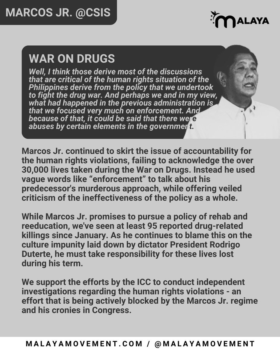 malaya_movement's tweet photo. @CSIS Marcos Jr. asserted that EDCA and US military presence in the PH is about disaster response and was vague and lackluster in his criticism of the War on Drugs which is accompanied by the blocking of ICC investigation.
#PHnot4Sale #MarcosNotWelcome #MarcosOutofDC https://t.co/FSNA4YnuvU