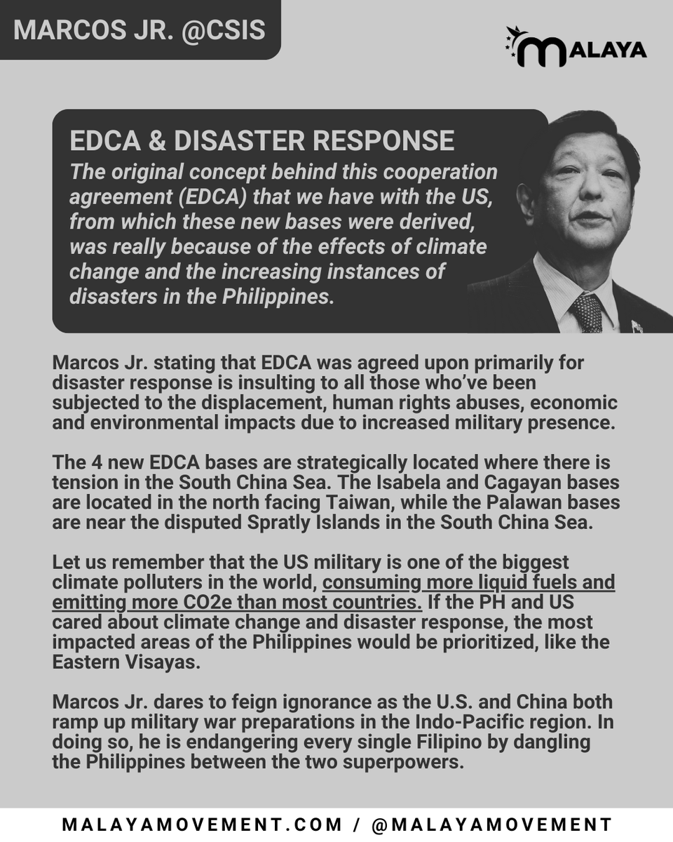 malaya_movement's tweet photo. @CSIS Marcos Jr. asserted that EDCA and US military presence in the PH is about disaster response and was vague and lackluster in his criticism of the War on Drugs which is accompanied by the blocking of ICC investigation.
#PHnot4Sale #MarcosNotWelcome #MarcosOutofDC https://t.co/FSNA4YnuvU