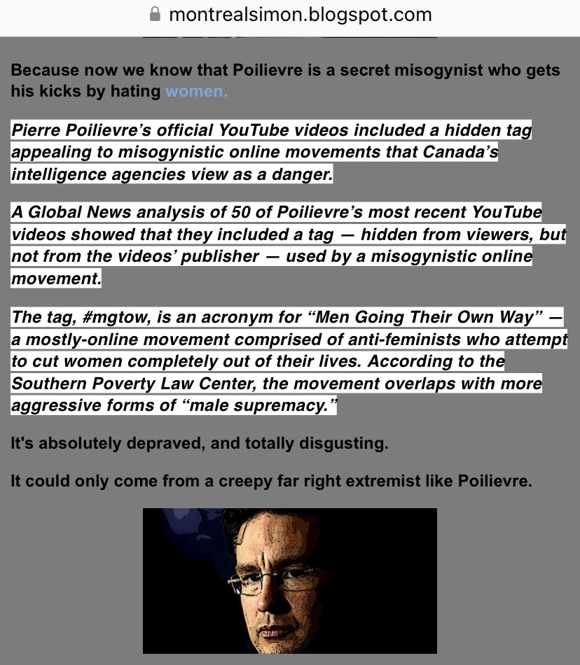 Pierre Poilievre and his war on women: “A man who hates half the people in this country will never be Prime Minister. And the women and the decent men of Canada will make sure of that...”
#WomenAgainstPoilievre 
➡️montrealsimon.blogspot.com/2022/10/pierre… #RememberMGTOW RT