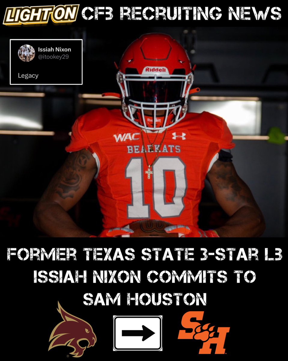 LIGHT ON COLLEGE SPORTS (@lightonsports) on Twitter photo Former Texas State 3-Star LB Issiah Nixon has committed to Sam Houston, per his social media. 🔥 <a href="/itookey29/">Issiah Nixon</a> <a href="/BearkatsFB/">Sam Houston Football</a> Former Texas State 3-Star LB Issiah Nixon has committed to Sam Houston, per his social media. 🔥 <a href="/itookey29/">Issiah Nixon</a> <a href="/BearkatsFB/">Sam Houston Football</a>