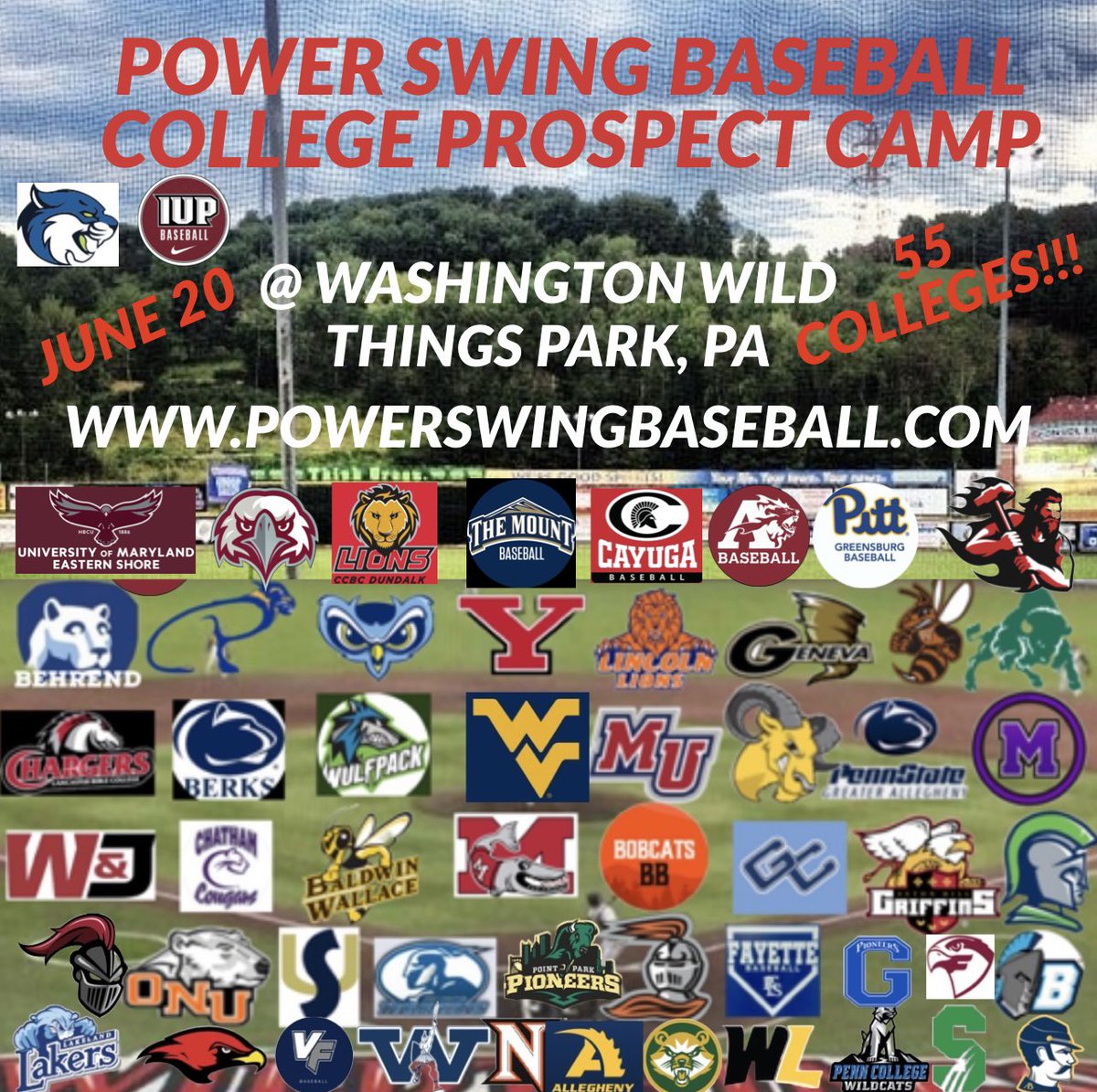 PowerSwingBB's tweet photo. Huge Announcements in the following few days for participants and college coaches attending the Power Swing Baseball College Prospect Camp June 20 at Washington Wild Things Park, PA!🔥 55 Colleges are now confirmed, including 20 NCAA Division I and 2!! Register today! https://t.co/Un8hD1kcDG