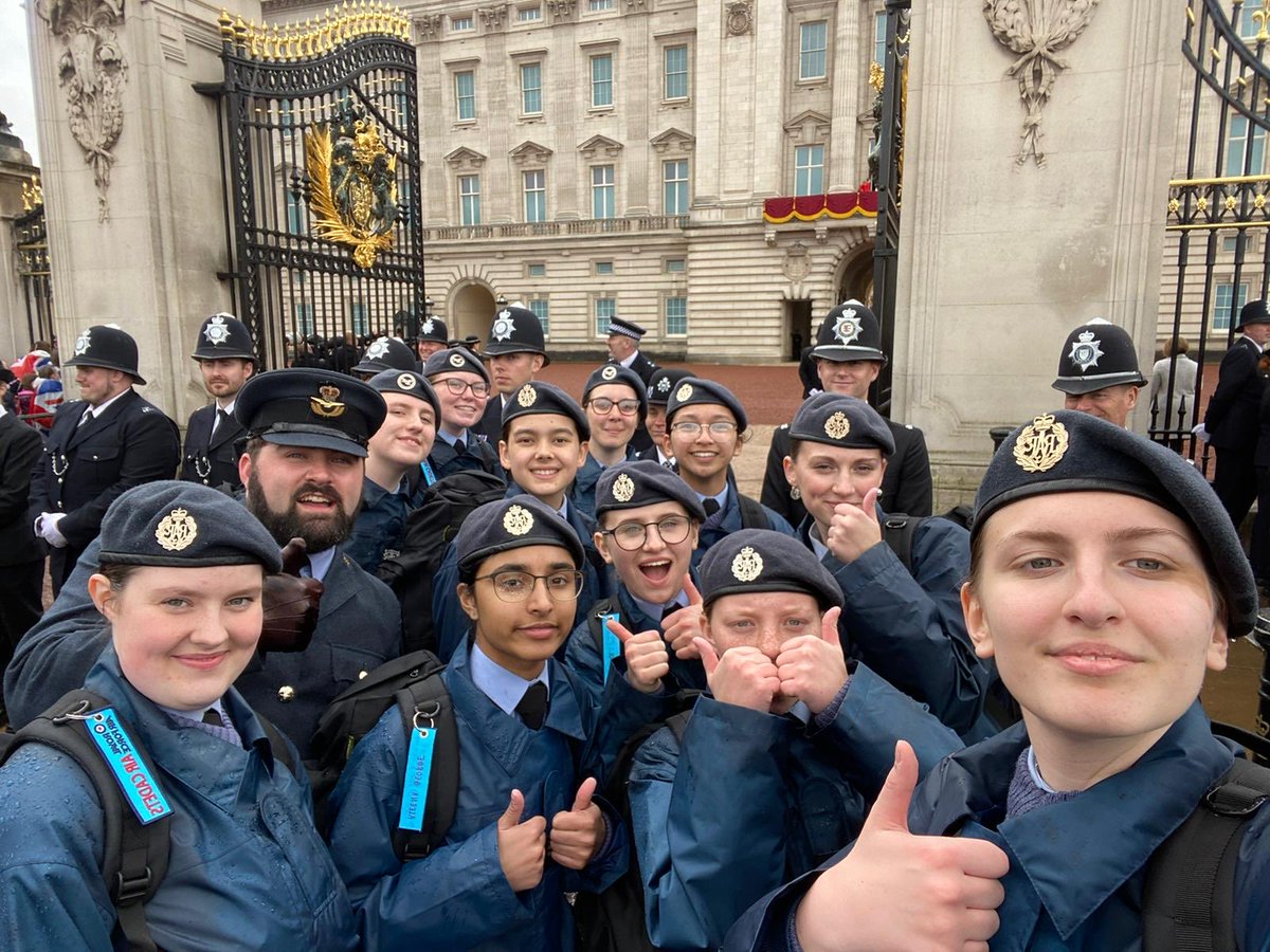 Our wonderful cadets outside Buckingham Palace to salute King Charles III! They were right at the front and could clearly see and wave during his balcony appearance!  <a href="/ComdtAC/">Commandant RAF Air Cadets</a> <a href="/RCWalesandWest1/">RC Wales and West</a> <a href="/HeadCCFRAF/">DCOS Ops</a> <a href="/aircadets/">RAF Air Cadets</a> <a href="/CCFcadets/">Combined Cadet Force</a> <a href="/WMRFCA/">West Midland Reserve Forces & Cadets Association</a> ⁦@OCTESTWest ⁦<a href="/SPGbham/">SPGOFFICIAL</a>⁩