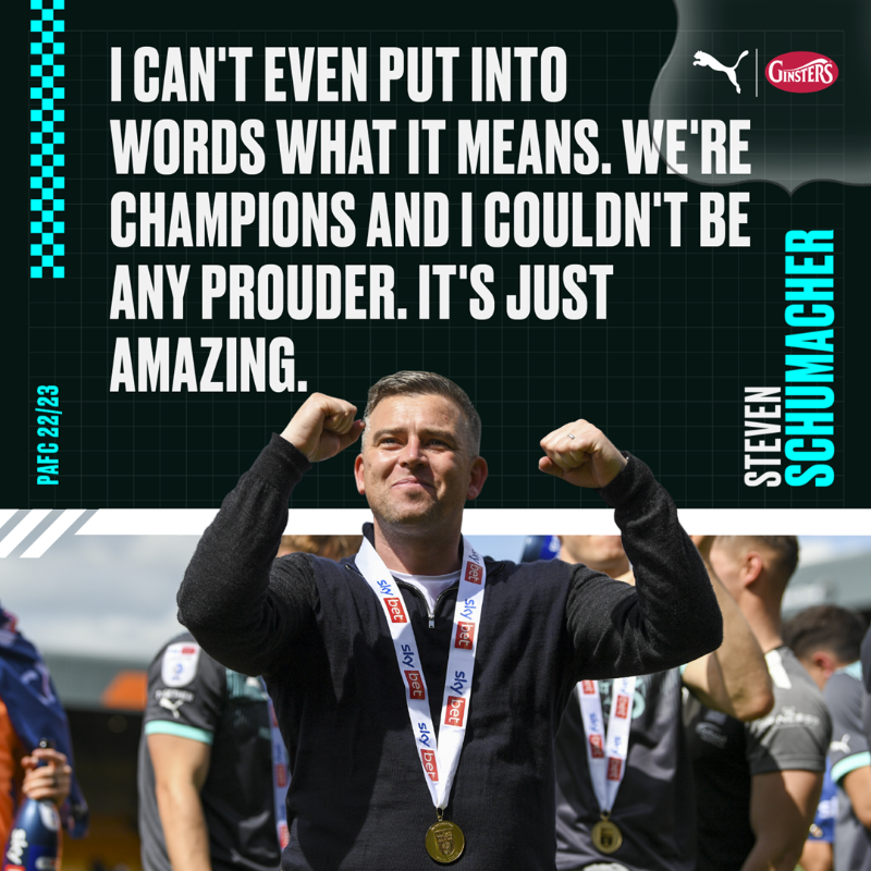 Argyle's tweet photo. 🙌 The pride on Steven Schumacher's face echoed that of every member of the Green Army, after Argyle sealed the @SkyBetLeagueOne title with a 3-1 win at Port Vale. 

Read what the Gaffer had to say, here. ⤵️

#pafc