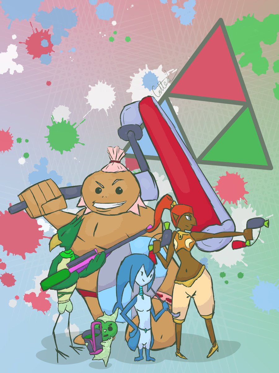 CutterL_'s tweet image. What if zeldas played Splatoon? 🌳🐟🦅👩🏾‍🦰🪨

#splatfest #splatoon3 #zelda #tearsofthekingdom #breathofthewild #loz #totk #botw #nintendoswitch #nintendo #fanart #videogames #teamcourage #teamwisdom #TeamPower #korok #zora #rito #goron #gerudo