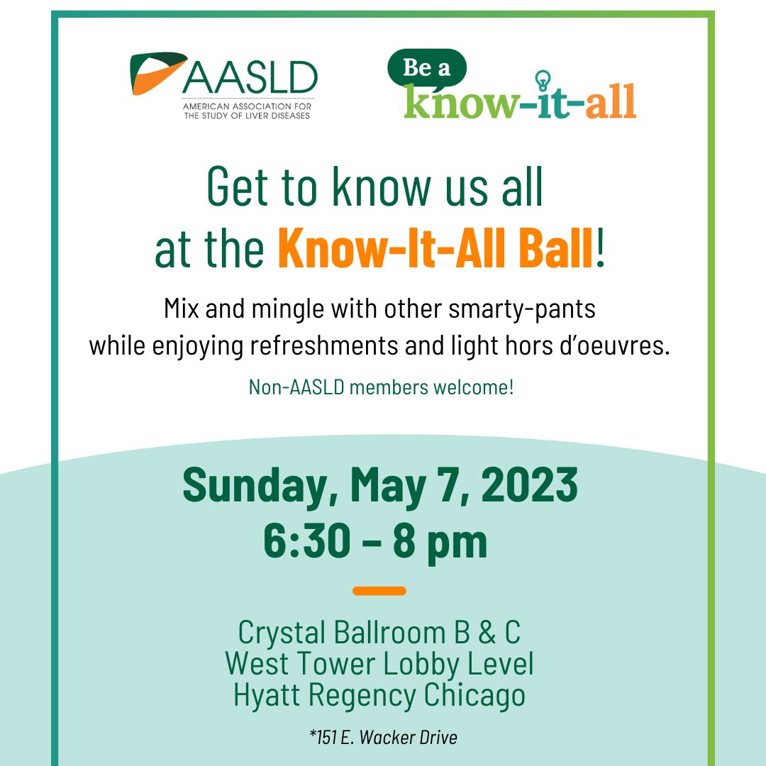 AASLDtweets's tweet photo. Join us tonight for our Member's Reception! Connect with other 'smarty-pants' attending #DDW2023. Join us for networking, drinks and hors d' oeuvres during the AASLD Know-it-All Ball. See you tonight! https://t.co/ttcIMLUVQB