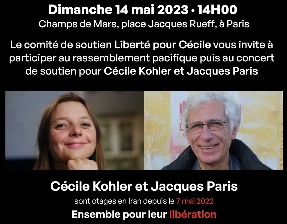 UN AN DE TROP
Cela fait un an que Cécile Kohler et son conjoint Jacques Paris sont détenus arbitrairement en Iran, sans procès ni avocat indépendant.
RDV le 14 mai pour les soutenir et demander leur libération. 
+ d'infos : libertepourcecile.com
#FreeCecileKohler 
#otage #Iran