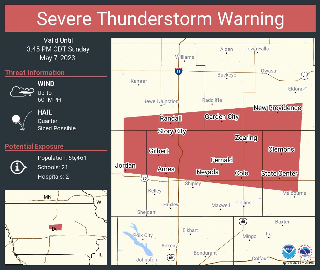 NWSDesMoines's tweet photo. Severe Thunderstorm Warning including Ames IA, Nevada IA and  Story City IA until 3:45 PM CDT https://t.co/UX3aZpVa13
