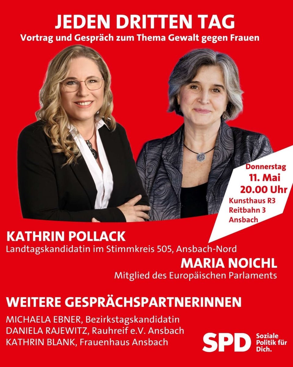 Einladung 'Jeden dritten Tag', 11.05.2023, 20 Uhr Kunsthaus R3
#Veranstaltung #SPD #BayernSPD #Ansbach #Rosenheim #MariaNoichl #Femizid #Istanbulconvention #noviolenceagainstwomen #Bayern #Europa #Deutschland #keineGewalt #rotesSchemerla #Mittelfranken #Frauenhaus #Rauhreif