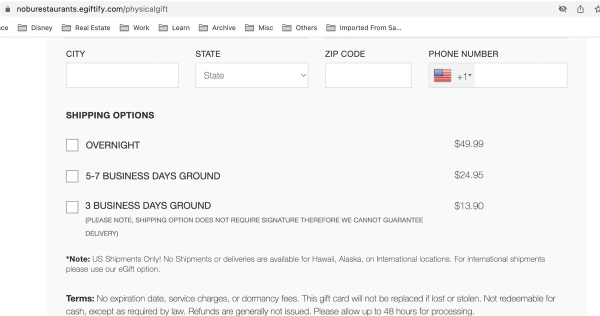 hpau's tweet photo. Trying to buy a physical gift card for Nobu restaurant and below are their shipping charges… how does it make sense? Who buys them? #nobu https://t.co/if6iF5Za7U