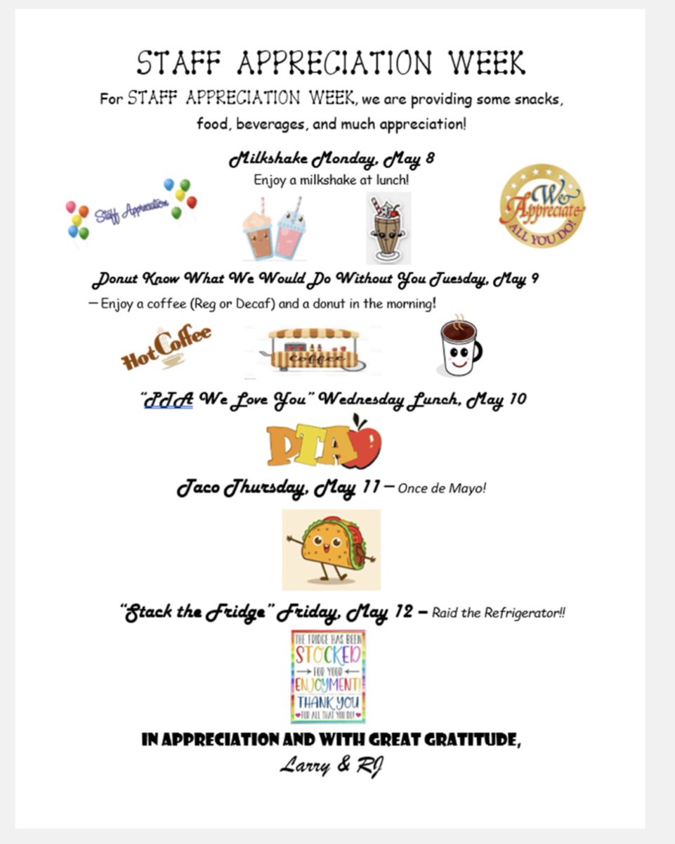 Yum! 🍩☕️🌮 Thank you Larry &amp; RJ and <a href="/CMESPTA1/">CMESPTA</a> for coordinating a delicious Teacher Appreciation week! @AP_ClopperMill #CMESpride 🐾 #thankateacher