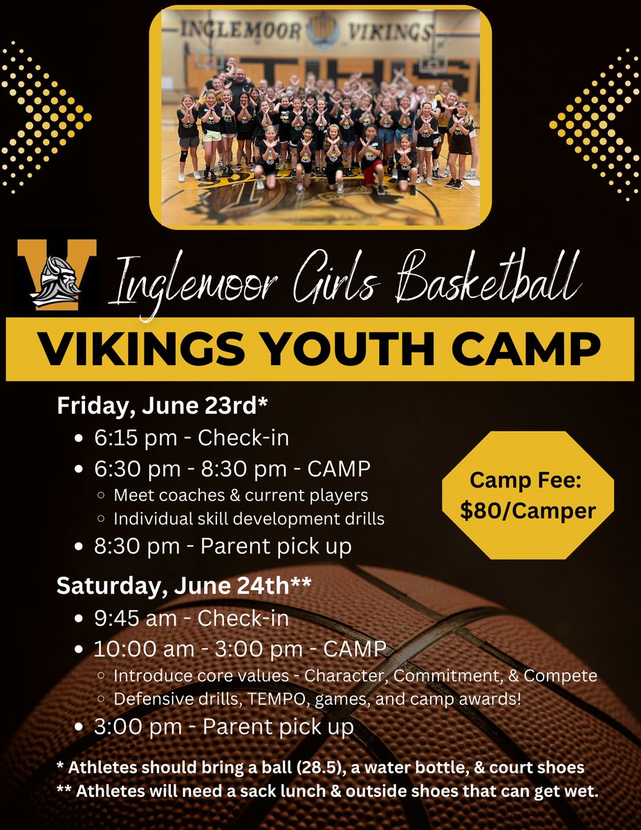 We are so excited to announce that registration for our 2023 Vikings Youth Camp is open! This year's camp will be Friday, 06/23, and Saturday, 06/24. The cost for camp is $80, and all proceeds go to support the girls basketball program. Register here - forms.gle/XmNeCWtbHQd6gN…