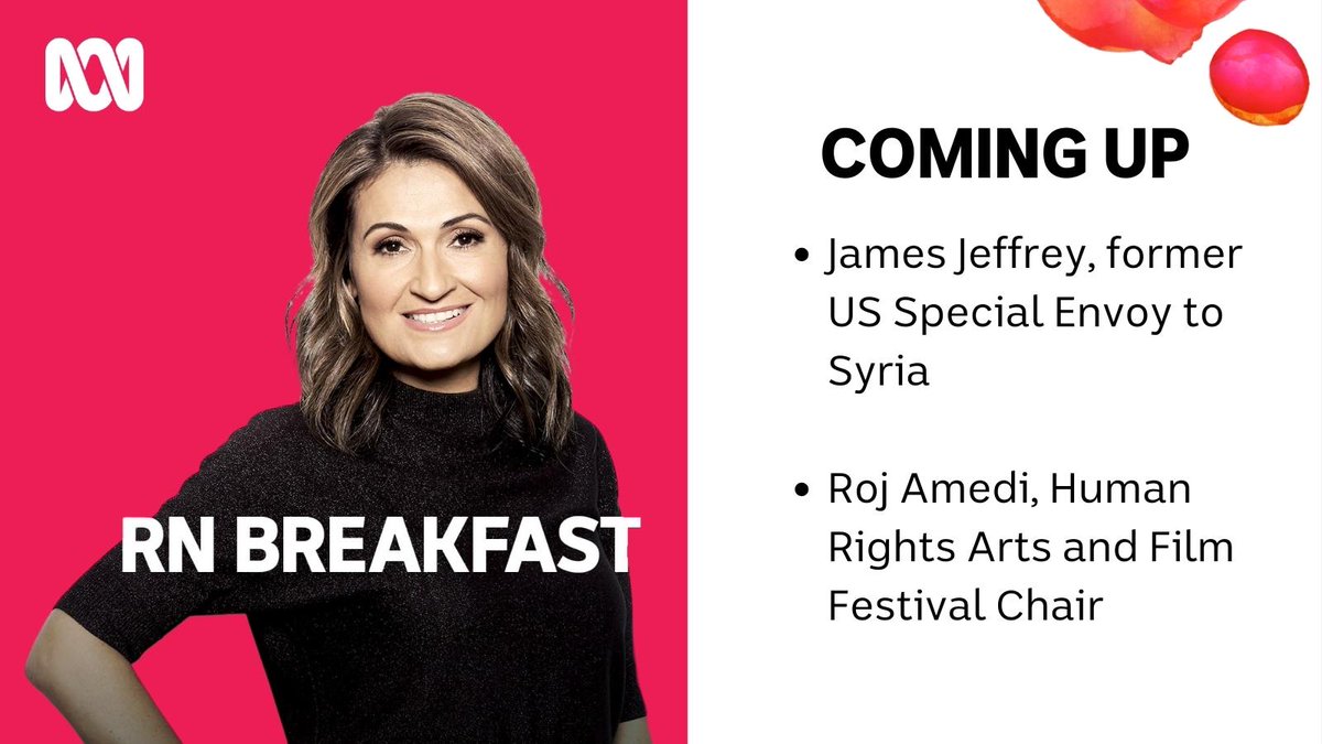 RNBreakfast's tweet photo. Coming up on @RNBreakfast for the 8am hour 📻📻:

James Jeffrey - Syria admitted to the Arab League group of nations

@humanrightsfest - Human Rights Arts and Film Festival calls for social change

LISTEN LIVE: https://t.co/8WwIJpwVgt https://t.co/o63wbaul7B