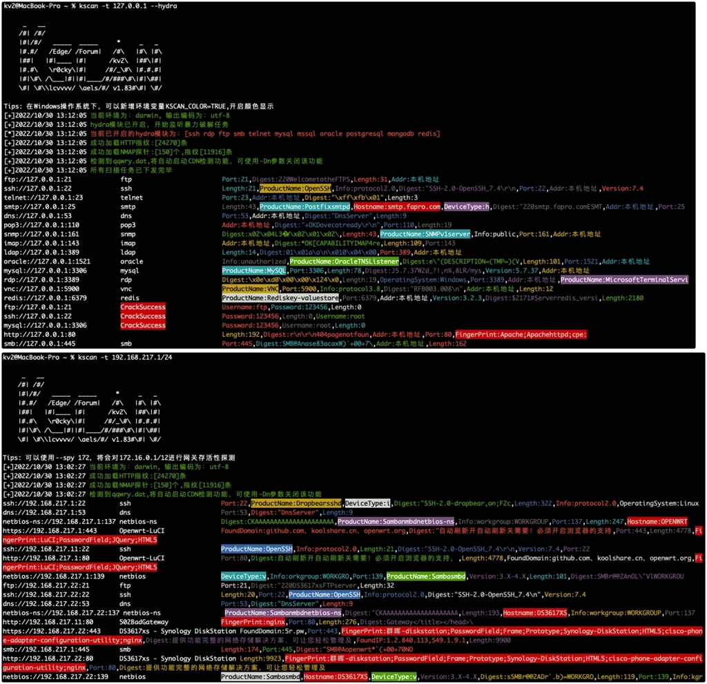 hack_git's tweet photo. Kscan - Simple Asset Mapping Tool

Kscan is an asset mapping tool that can perform port scanning, TCP fingerprinting and banner capture for specified assets, and obtain as much port information as possible without sending more packets. It can perform a… https://t.co/FV6mRyejRe https://t.co/bTgvIsuGAY