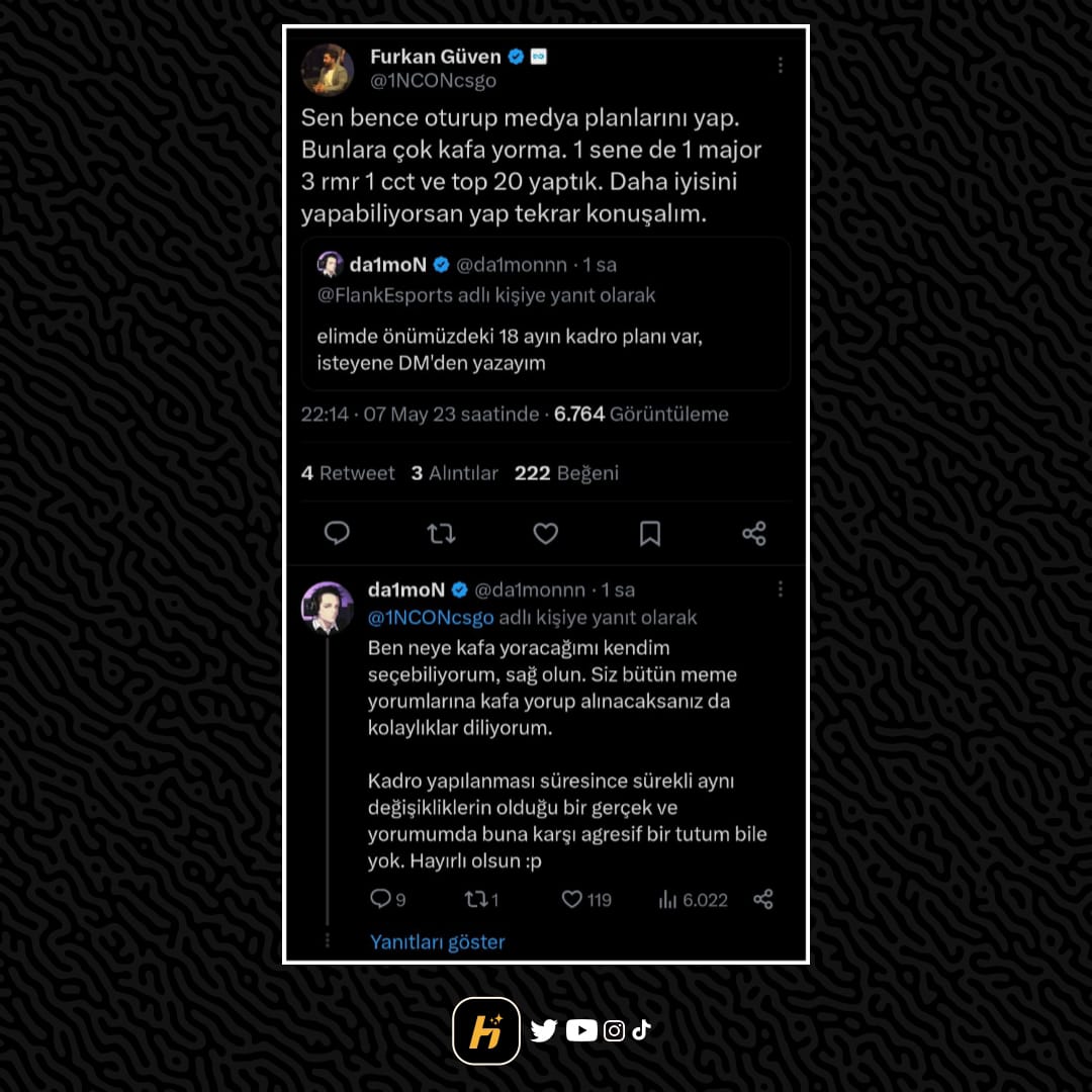Eternal Fire kurucusu  Furkan Güven ile  Flank kurucusu da1monn arasında geçen tartışma.

Bu konu hakkında ne düşünüyorsunuz? 👇