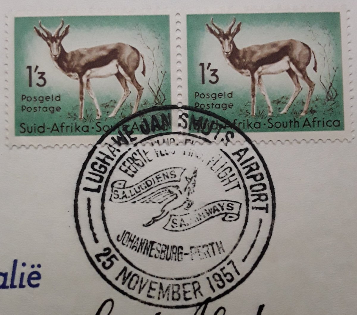 Stamp_Daily's tweet photo. #StampDaily nice 1s3d pair on a very attractive #firstflight cover from 1957 #SouthAfrica. @flySAA. The flight in question was #Joburg-#Perth via #Mauritius and the #CocosIslands. #philately #philatelie #stamps #timbres #briefmarken #sellos #IzitampuZeposi #posseëls #usedoncover https://t.co/bsSD7fvJiS