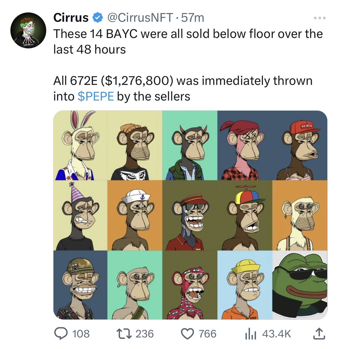 3orovik's tweet photo. 14 bored apes were sold for $1,276,800 and it was all thrown into $pepe https://t.co/jgM850W7yT