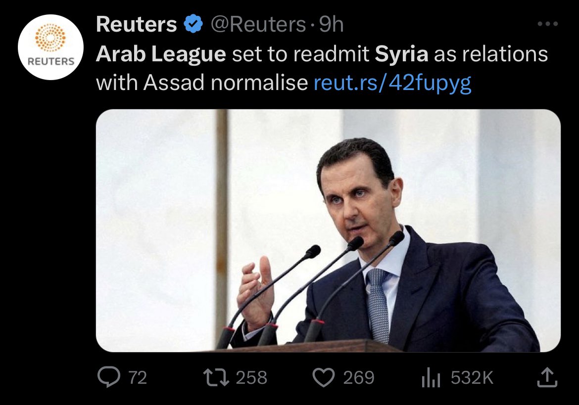 There are literally no words to emphasise this horrific development, those who will have been responsible for reviving Assad in the Arab League are nothing but scoundrels.

A bunch of unelected fossil leaders who have no regard for human life or dignity.