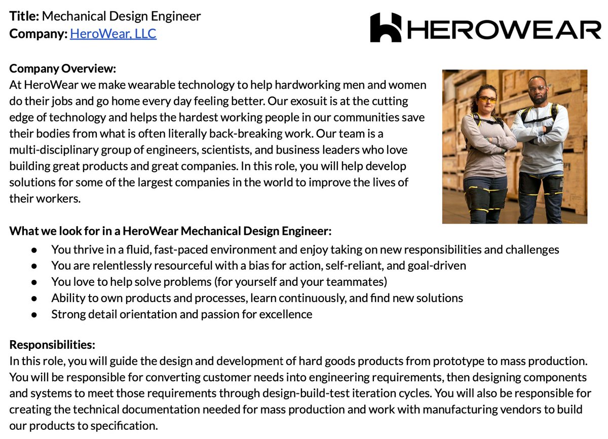 🚨 Job opening to design occupational exoskeletons HeroWear is growing & hiring another mechanical engineer To help improve lives by designing & manufacturing wearable tech to keep hardworking men & women happy, healthy, safe & productive. #exoskeletons #exosuits #biomechanics