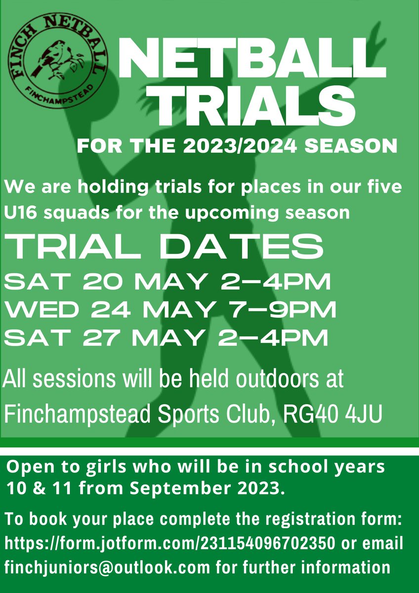 We’re holding open trials for our U16s squads for next season - either complete the registration form form.jotform.com/231154096702350 or email finchjuniors@outlook.com for further information