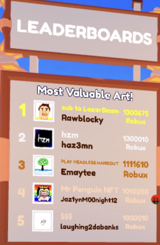 ederstxo's tweet photo. I'm waiting for my painting to come out on the leaderboard that I bought at Starving Artists for 1,330,000 robux, I ate it 4 hours ago, it had already appeared but I went back in and it was gone, I don't know if there is an error with this I hope I have one answer @DoubleBandits https://t.co/hS0GkQjSdp