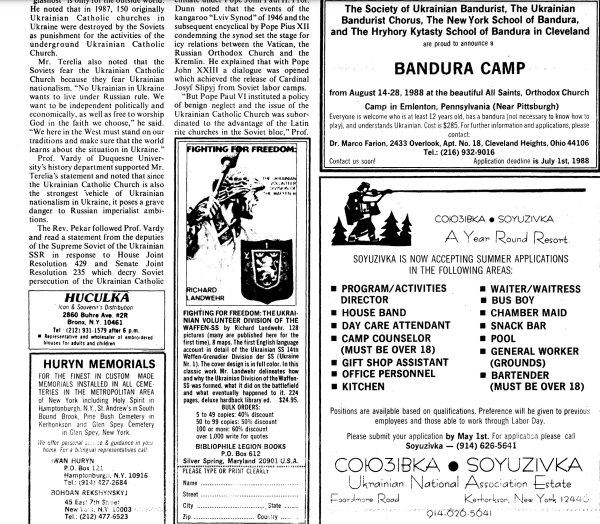 MaxBlumenthal's tweet photo. Chrystia Freeland launched her journalistic career at The Ukrainian Weekly, a nationalist publication that glorified Nazi collaborators and the Waffen SS-Galicia.
The ad below promoting Nazi youth camps and a pro-Nazi book appeared in the same 1988 issue as Freeland's reporting. https://t.co/LRfVmr24wb