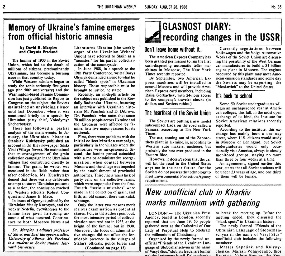 MaxBlumenthal's tweet photo. Chrystia Freeland launched her journalistic career at The Ukrainian Weekly, a nationalist publication that glorified Nazi collaborators and the Waffen SS-Galicia.
The ad below promoting Nazi youth camps and a pro-Nazi book appeared in the same 1988 issue as Freeland's reporting. https://t.co/LRfVmr24wb