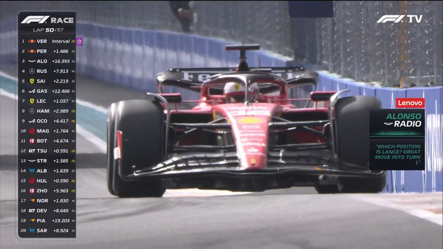 TearOffFR's tweet photo. Fernando Alonso il s'ennuie tellement en piste qu'il a le temps de regarder la course sur les écrans géants 😭😭

#F1 #MiamiGP https://t.co/0BNxXtx8Zg