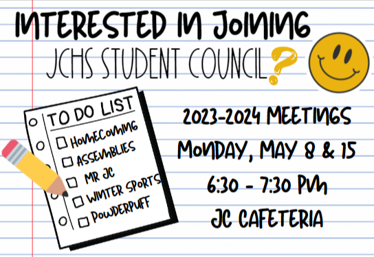 Join us tomorrow in the JCHS cafeteria tomorrow night.  StuCo is for everyone!!!!