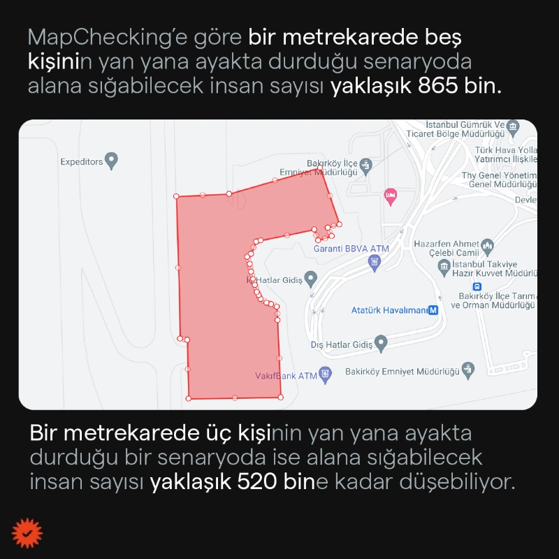 teyitorg's tweet photo. Cumhurbaşkanı @rterdogan 7 Mayıs 2023’te İstanbul Atatürk Havalimanı’ndaki mitinge bir milyon 700 bin yurttaşın katıldığını iddia etti.

Miting sırasında çekilen fotoğraflara göre hesaplama yaptığımızda miting alanına bu kadar kişi sığması mümkün görünmüyor. 👇