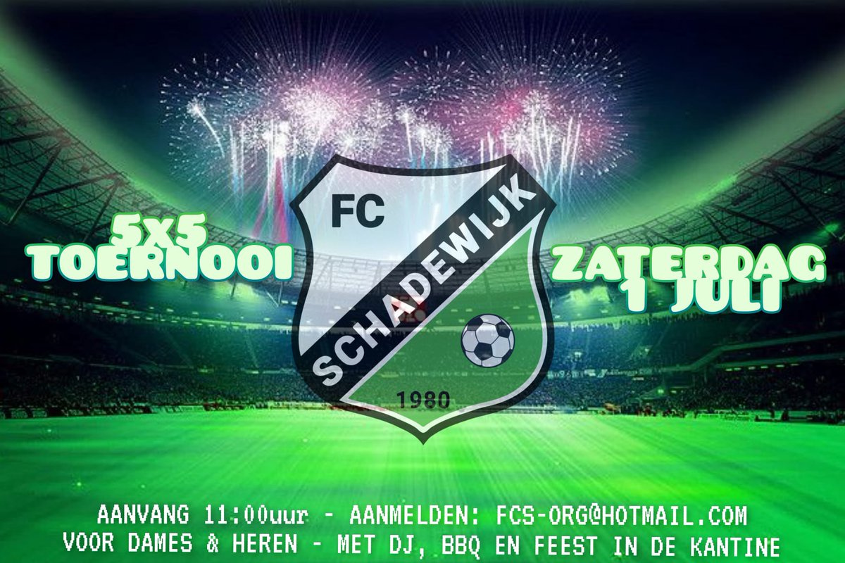 Het jaarlijkse FCS 5x5 toernooi wordt weer op zaterdag 1 juli 2023 gehouden. Teams kunnen zich eigen via onderstaande link aanmelden of via de mail: FCS-org@hotmail.Com 

tournify.uk/live/fcschadew…