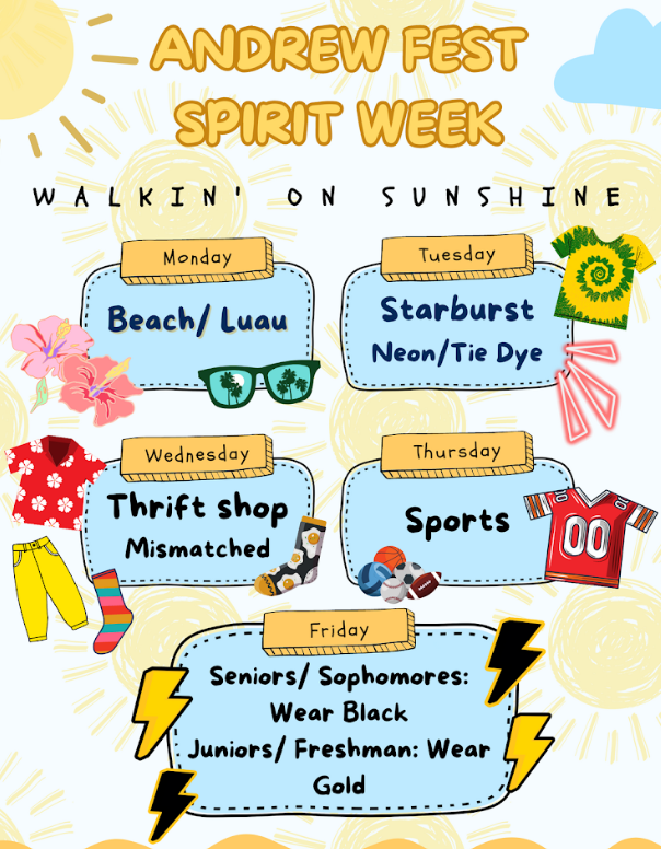 Hey there <a href="/AndrewHS_d230/">Victor J. Andrew High School</a> Andrew Fest week is finally here!  We're looking to crown some Tbolt Royalty on Friday.  Get your spirit wear ready!  <a href="/AndrewStuCo/">VJA StuCo</a> <a href="/tboltstorm/">T-Bolt Storm</a> <a href="/CHSD230/">District 230</a> <a href="/vjabolts/">Andrew Athletics</a>