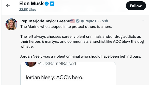 thor_benson's tweet photo. Very moderate guy Elon Musk liked this MTG tweet https://t.co/HoxzIUW9D0